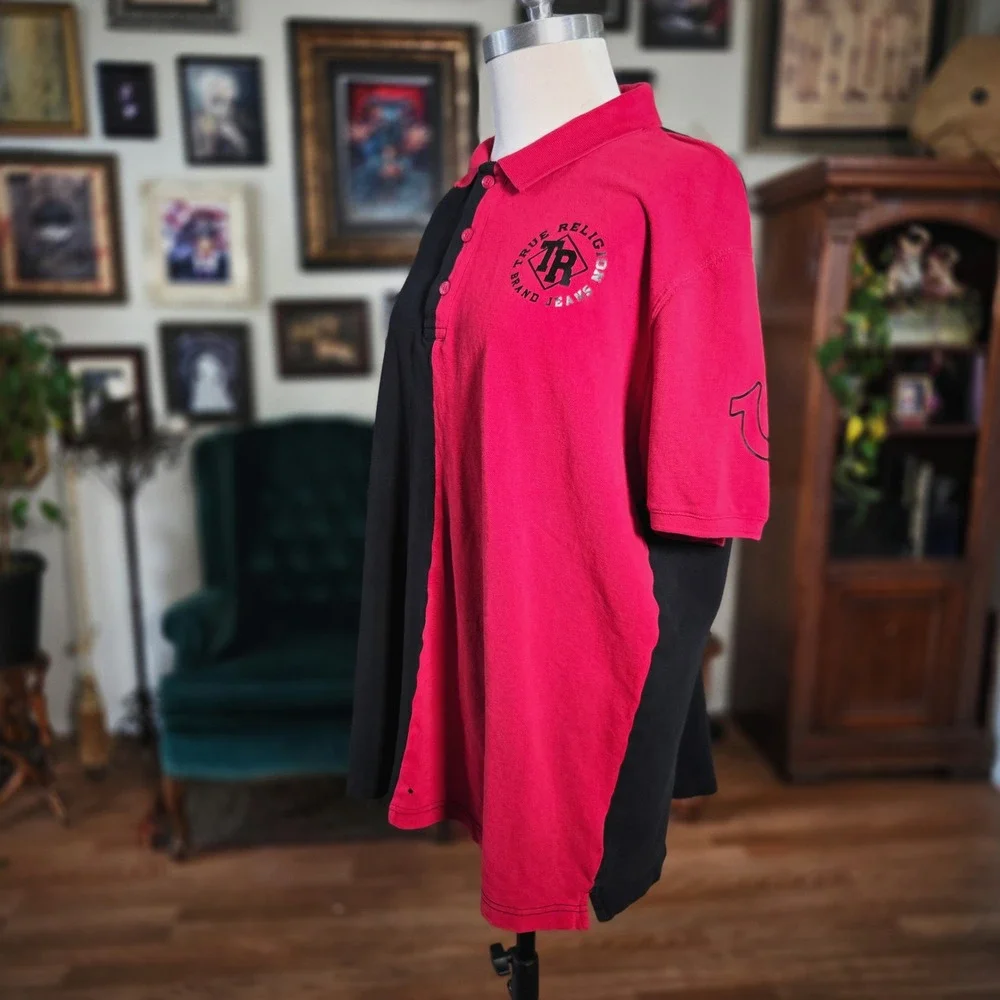 True Religion Polo Shirt Mens 3XL Red Black‎ Split Colorblock Horseshoe Logo SS
